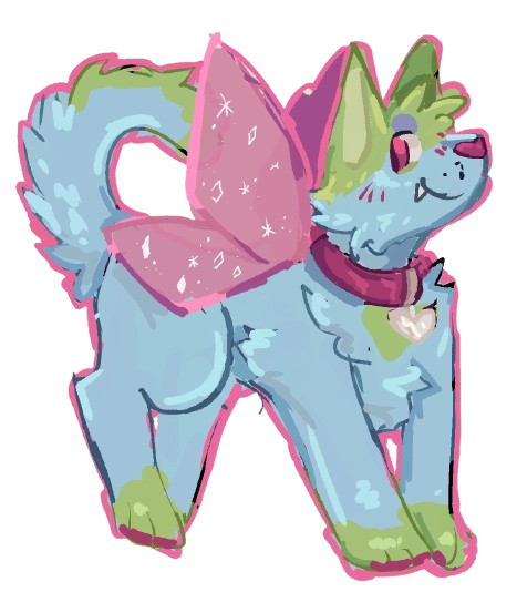 a green and blue dog wearing a pink collar with wings. drawn by arkeine